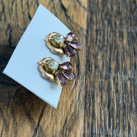 Van Dell 1/20 12K GF Earrings Vintage Screw Back Purple Rhinestone Gold Filled - Picture 2 of 5